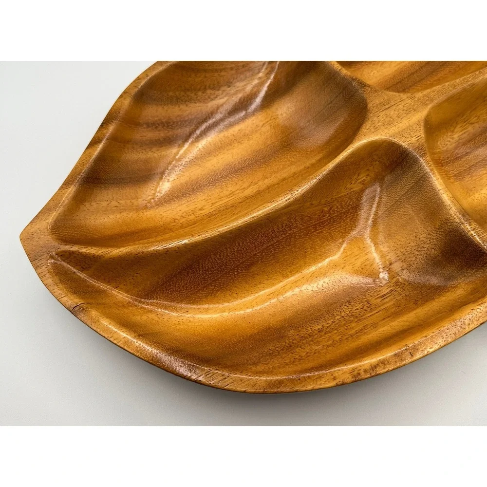Vintage Hand Carved Monkey Pod Wood Leaf Divided Serving Tray Mid Century Tiki